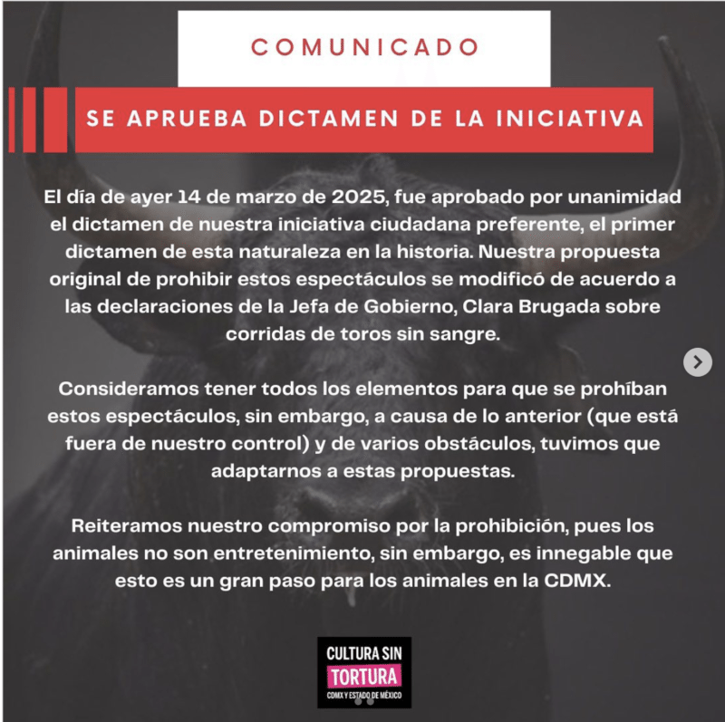 Comunicado de Cultura Sin Tortura sobre la iniciativa que se envió al congreso capitalino en materia de corridas de toros